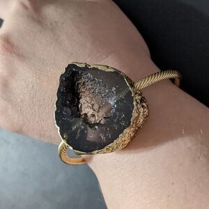 Gold Tone Grey Plastic Geode Bangle Statement Bracelet